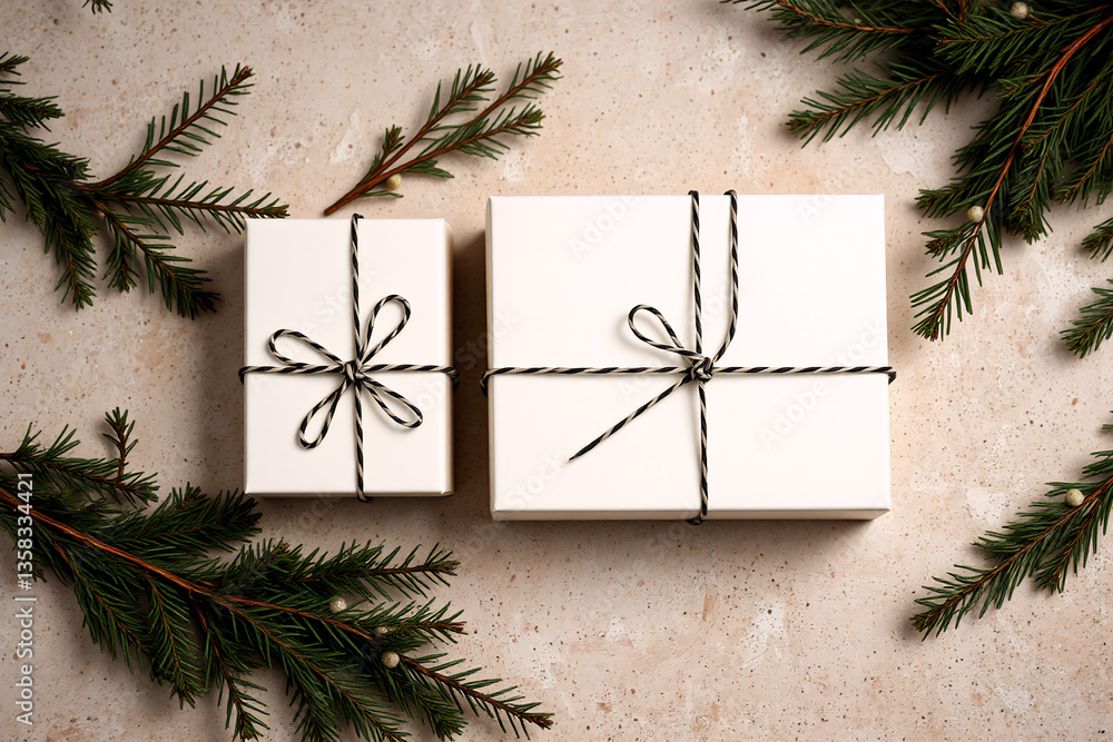 Poster white gift boxes tied with string bows are placed with fresh pine branches on a textured surface. fe