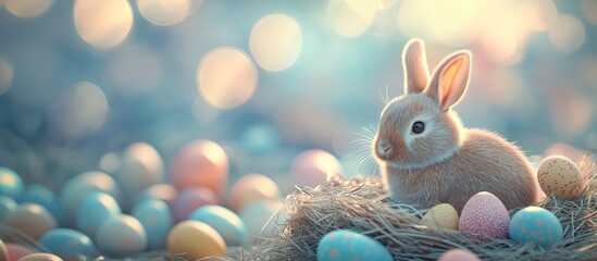 Minimalist Fluffy Easter Bunny – Chubby Cute Bunny Sitting on Cozy Nest with Colorful Eggs, Soft Blue Dreamy Atmosphere & Warm Lighting