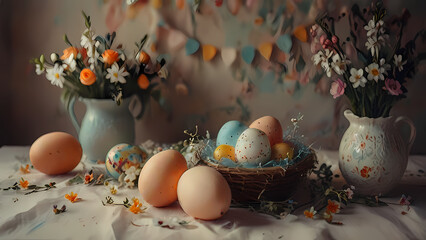 Festive Easter Scene with Spring Flowers and Decorated Eggs