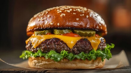 Juicy Cheeseburger with Sesame Bun on Wooden Board
