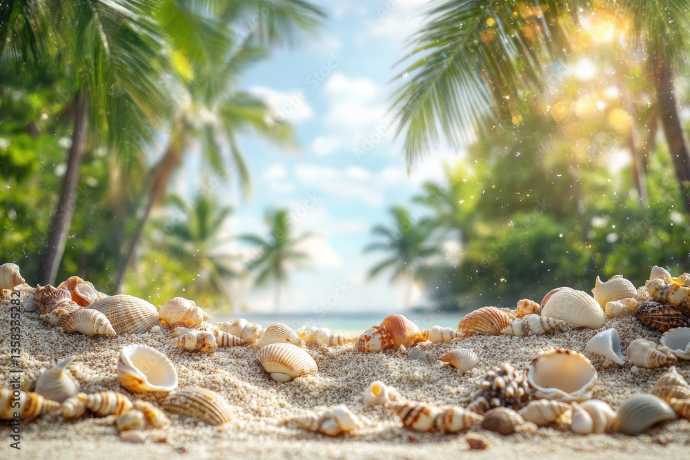 Aufkleber seashells scattered on sandy beach under bright sunlight with palm trees and a serene ocean backdrop