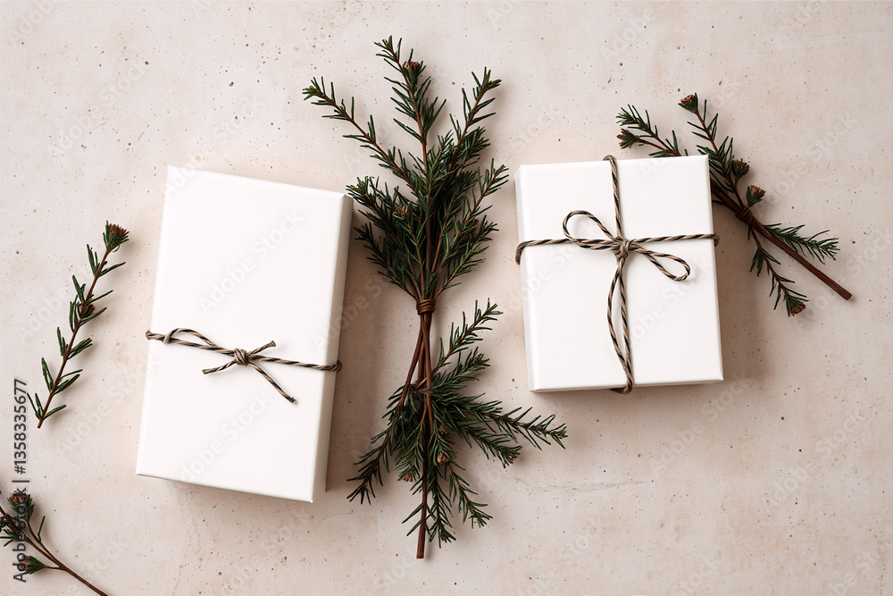 Poster simple white gift boxes are tied with string and decorated with green twigs. a natural and minimal p