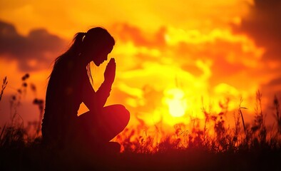 Easter Sunday concept: Silhouette of prayer woman kneeling and praying over autumn sunset background