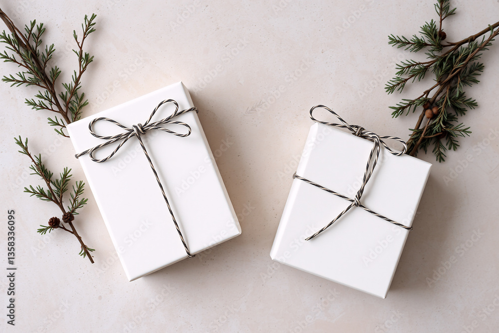 Poster two white gift boxes are tied with string and adorned with green branches on a light surface. simple