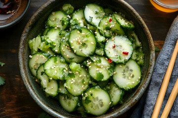 Fresh Cucumber Salad with Sesame Seeds and Herbs on Dark Wood Background