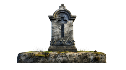 Old tombstone with cross standing on mossy ground with transparent background