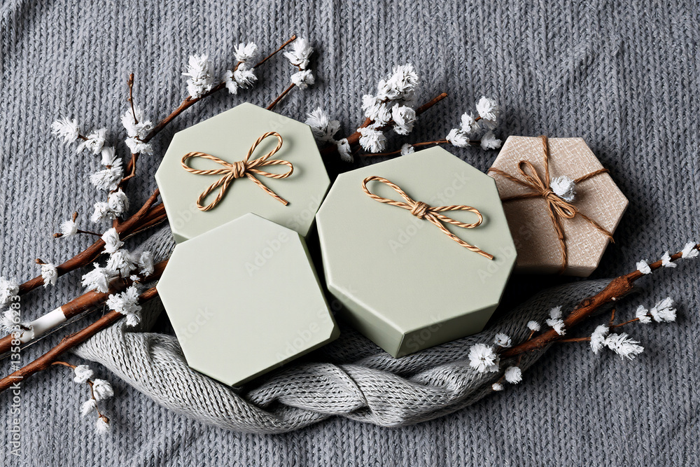 Poster four octagonal gift boxes with string bows are arranged on a gray fabric with branches and white flo