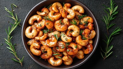 Fototapeta premium Crispy, caramelized cashews with fresh rosemary. A delicious, healthy snack, perfect for any occasion