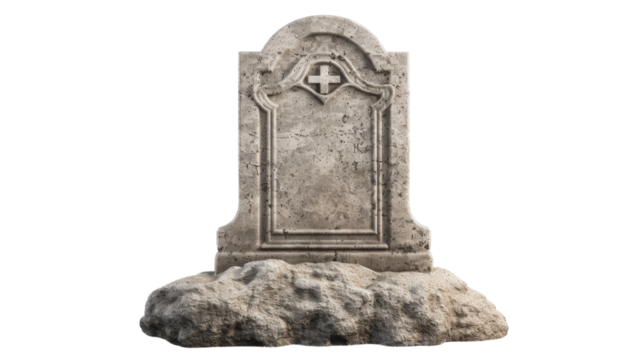 Blank tombstone resting on rock base with transparent background