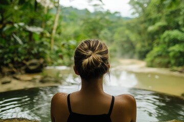 Fototapeta premium A woman relaxing in a thermal pool within a Costa Rican jungle