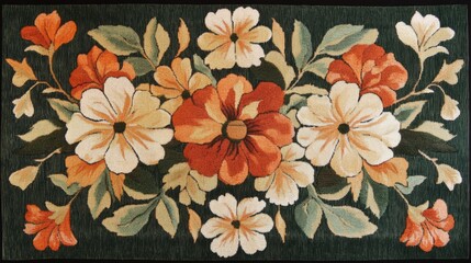 Orange And White Flowers On Dark Green Rug