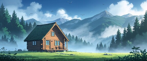 Fototapeta premium cartoon Foggy morning view of wooden cabin with forested mountain backdrop anime illustration art design