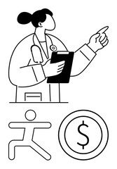 Female doctor holding clipboard and pointing, a figure running, and a dollar sign in separate segments. Ideal for healthcare, fitness, financial planning, wellness advice, medical counseling