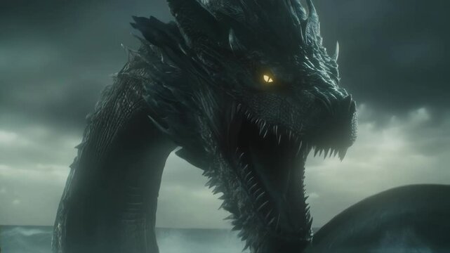 Massive dark scaled serpent with glowing eyes rises from stormy ocean, its long neck curving and mouth open, near rocky coastline under dark cloudy sky