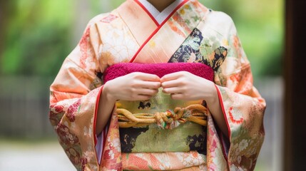 Naklejka premium Woman in Peach and Gold Kimono, Close Up