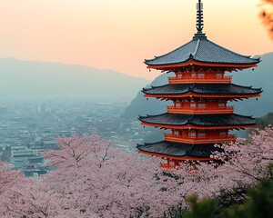 Fototapeta premium A beautiful multi tiered pagoda stands amongst the blooming cherry blossoms