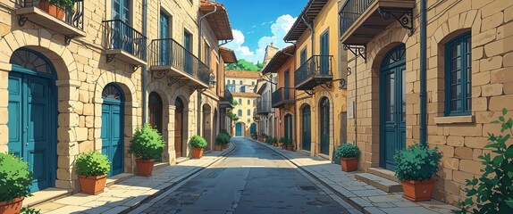 Fototapeta premium cartoon Narrow street with old stone buildings and iron balconies anime illustration art design