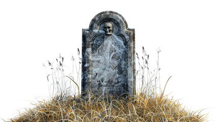 Old tombstone with skull and cobwebs growing in grass with transparent background