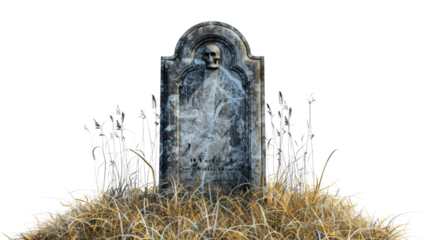 Old tombstone with skull and cobwebs growing in grass with transparent background