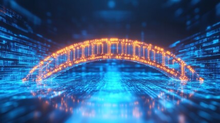 Futuristic Digital Bridge Archway glowing with binary code data streams