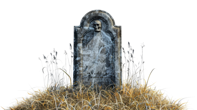 Old tombstone with skull and cobwebs growing in grass with transparent background