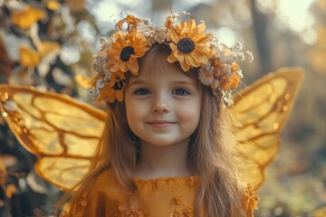 Excited young girl in a fairy outfit with a floral crown poses for the camera in a park