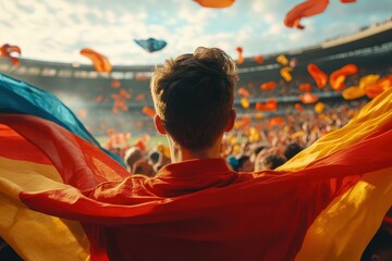 Obraz premium Evening stadium scene passionate football fans in colorful scarves support their team during a match
