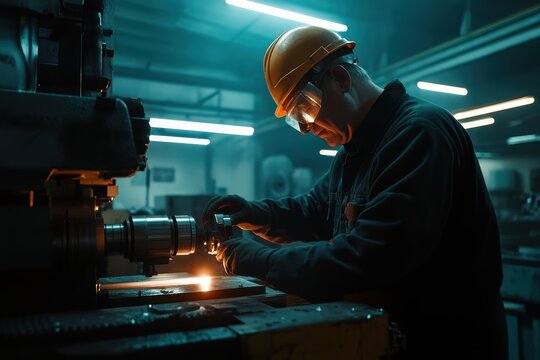 Experienced male metalworker in a hard hat operating a lathe in a manufacturing workshop