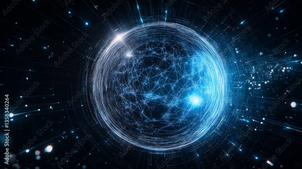 Poster cosmic nucleus: a glowing blue orb pulsates at the center of a network of light and energy, radiatin