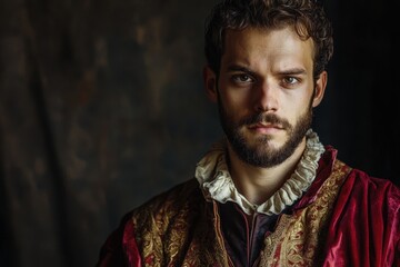 Image of a historic figure in old fashioned attire against a black backdrop