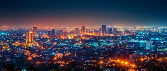 Obraz premium Panoramic view showcasing a city skyline brightly lit at twilight