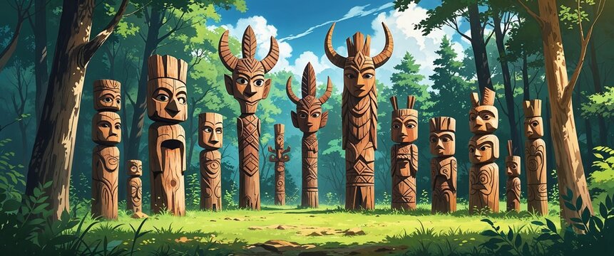 cartoon Rustic wooden totems and tribal carvings arranged in forest glade anime illustration art design