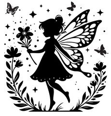 Fae Pixie Girl Fairy Magic Flower Butterfly Wings Logo Graphic Silhouette Shape Clipart Digital Art Illustration