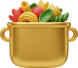 Golden Pot Filled with Colorful Pasta Shapes A Delightful 3D Render of Italian Cuisine