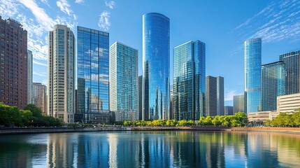 Obraz premium Reflective Glass Skyscrapers in Modern Business District Landscape
