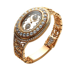 Womens Luxury Bangle Watch with Gold and Crystal Isolated on Transparent Background