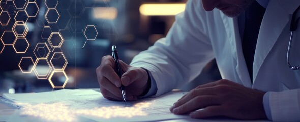 Doctor writing medical notes with digital hexagons overlay.