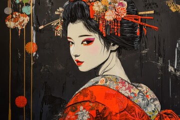 Kimono clad geisha on dark background
