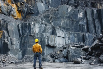 Laborer in helmet at rock quarry