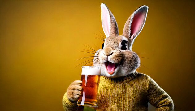Illustration of Easter bunny in yellow knitted shirt drinking beer