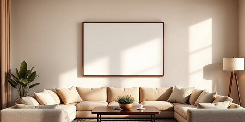 mockup of a blank canvas on a wall in a modern living room with sofa