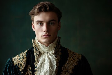 Portrait of a noble young man in elegant attire against a dark green vintage backdrop reflecting historical eras and Renaissance art