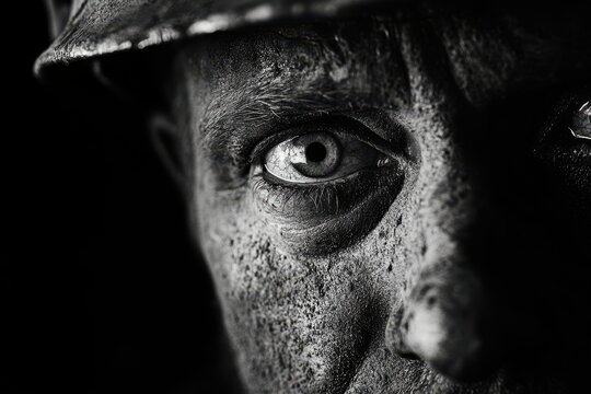 Portrait of a weary miner in a hard hat with a soiled face set against a dark backdrop Black and white image