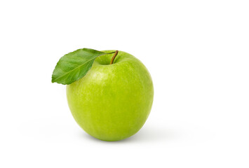 Fresh green apple with green leaf isolated on white background.