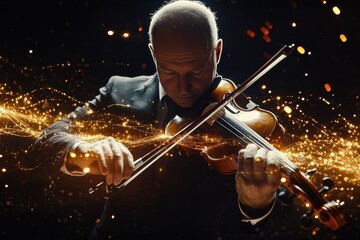 Fototapeta premium Solo violinist performing in darkness