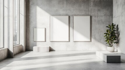 Fototapeta premium Modern Minimalist Interior with Blank Frames and Plant