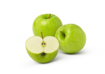 Green apple fruits and halved apple isolated on white background