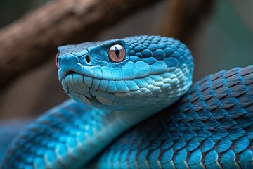 Fototapeta premium Blue viper snake closeup face of angry serpent poisonous danger attack, desert colourful snake front view