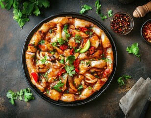 Squid in a sweet and sour sauce a common Asian seafood dish