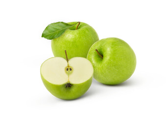 Green apples isolated. Whole apple with half and leaf